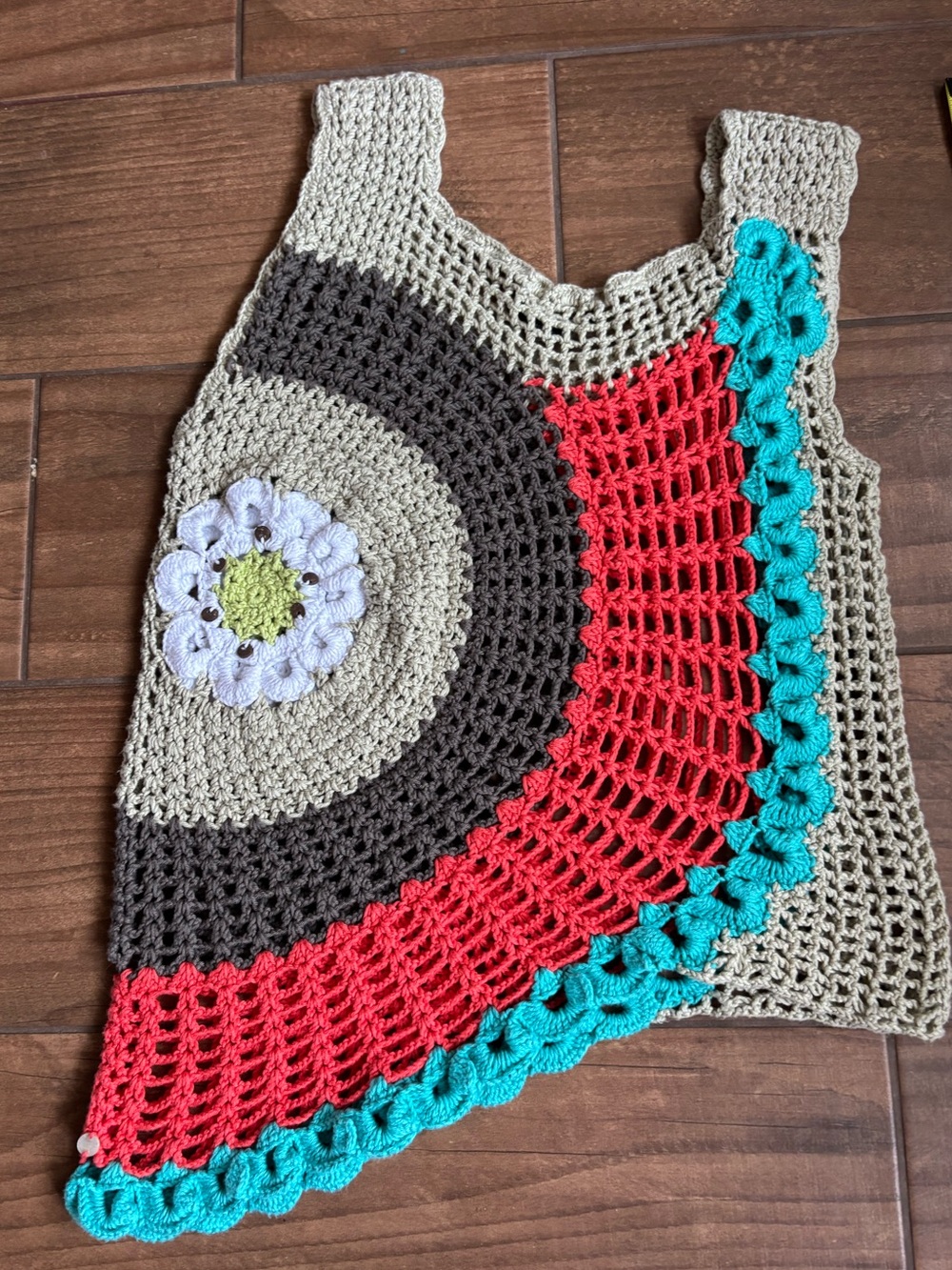 Pure Handknit L/XL Crochet Cotton Asymmetrical Tank Top Boho Floral Art-to-Wear - Picture 2 of 7